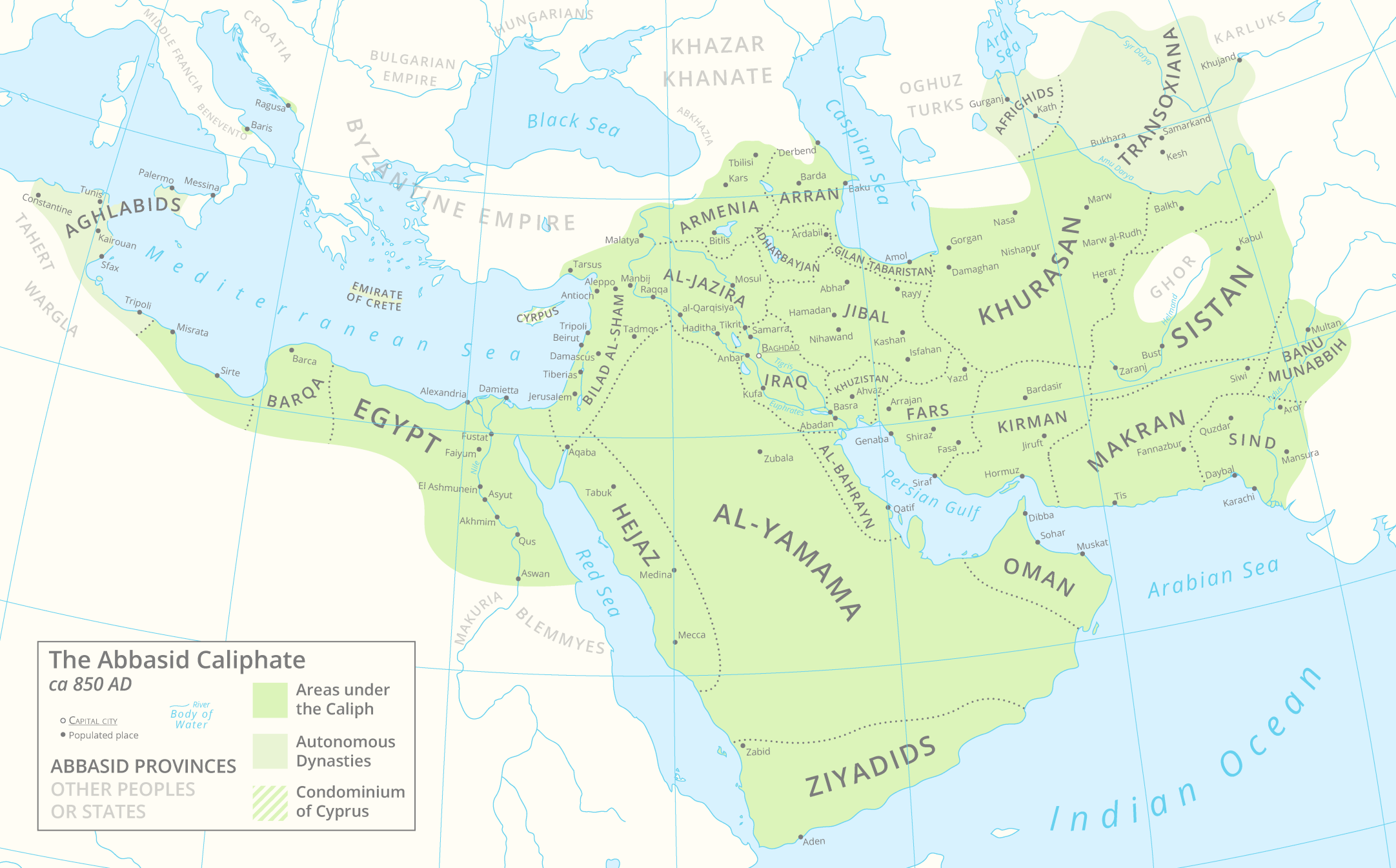 Map of the Abbasid Caliphate circa 850 CE