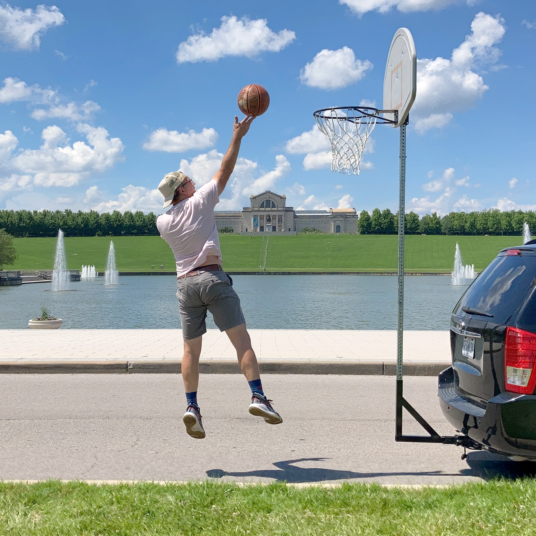 Mobile basketball hoop at Forest Park's Grand Basin