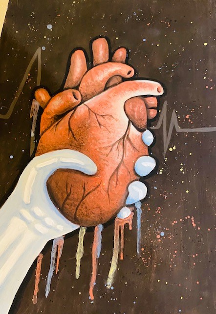 A painting of a blue hand holding a disembodied human heart.