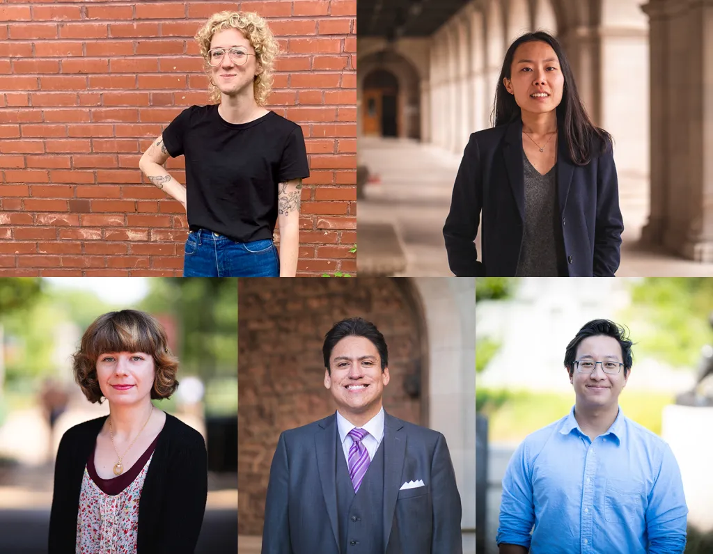 2025–26 Graduate Student Fellows (fall cohort, top row, from left): Becca Hanssens-Reed and Kim Lacey (not pictured: Juana Torralbo Higuera); (spring cohort, bottom row, from left): Kristin Emanuel, Richard Harrod and Hoyon Mephokee