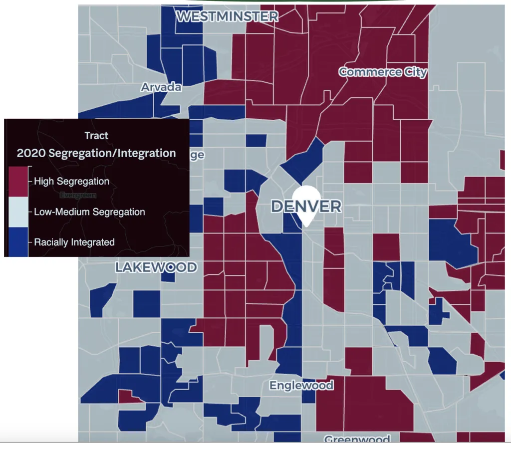 "Map of Denver area schools by segregation data"