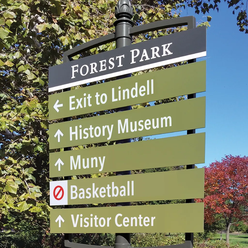 Photoshopped wayfinding sign at Forest Park indicating no basketball locations