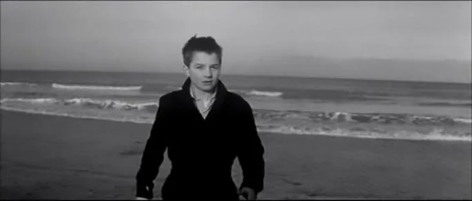 Still from the final scene of Les Quatre Cents Coups (The 400 Blows), with the main character at the ocean shore.