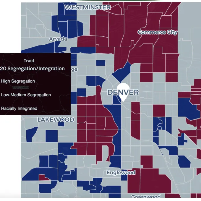 "Map of Denver area schools by segregation data"