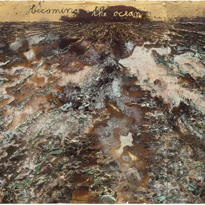 "Artwork featuring browns and creams in a frothy wavelike appearance"