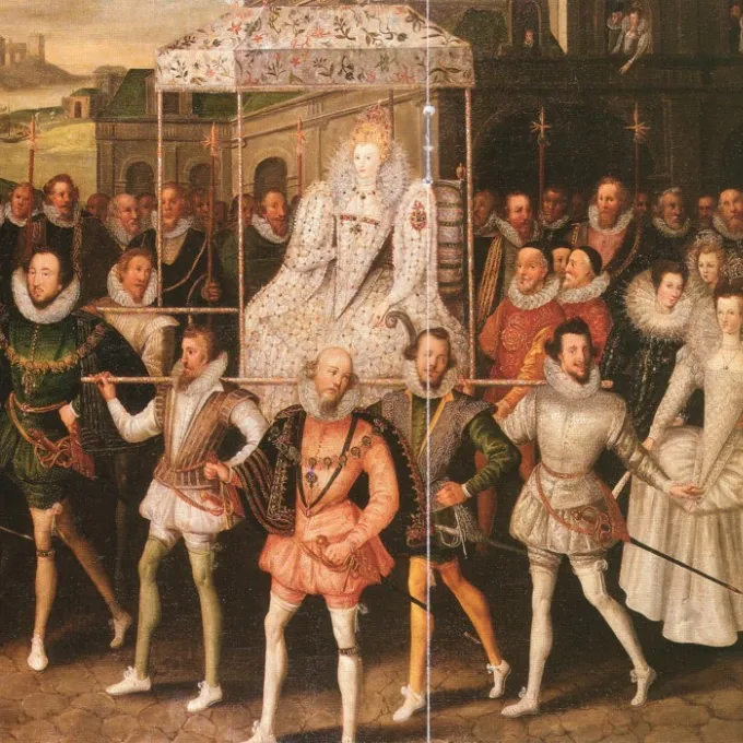 "historical painting of a woman in white held aloft through a crowd"